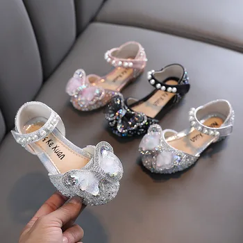 Мода стил сандали дете лък принцеса обувки перла кристал блясък половин сандали за момичета пайети сцена шоу обувки за деца Изображение