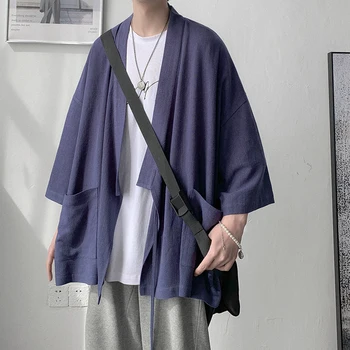 Японска жилетка за мъже Лято Нов самурай стил тънък плътен цвят хлабав свободно време Haori палто Мъжко слънцезащитно облекло 2022 Изображение