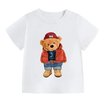 Bear Kawaii сладък печат детска тениска веган детски дрехи лято къс ръкав деца тениска деца момчета момичета върховете Изображение