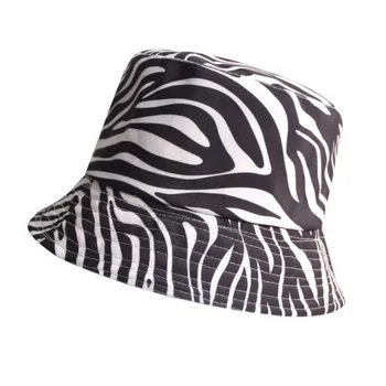 2021 Зебра ивици Печат кофа шапка лято жени мъж черно бяло памук капачка момичета Външен плаж Боб Сън Ман Панама шапка Изображение