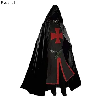 Мъжки средновековен кръстоносец рицари тамплиер туника костюми ренесанс Хелоуин Surcoat воин черна чума наметало косплей Топ S-3XL Изображение
