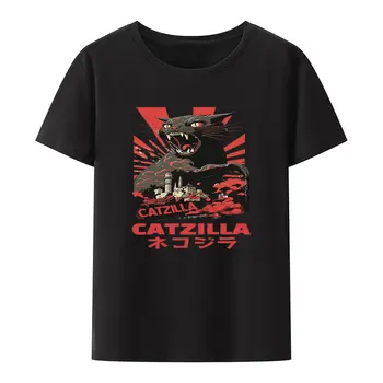 Смешни Catzilla Япония котка модален печат тениска мъже жени лято short-sleev ежедневни улично облекло Harajuku карикатура мода Camisetas Изображение