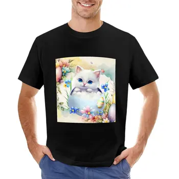 Сладка великденска бяла котка в яйчената тениска Мъжка блуза с дълъг ръкав Изображение
