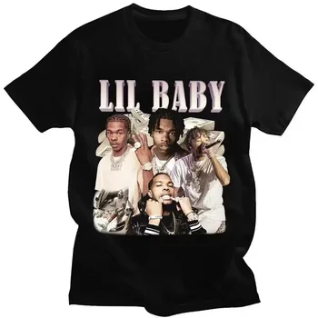 Streetwear Lil Baby T Vintage Graphic Tee Извънгабаритни тениски с къс ръкав Harajuku Hip Hop Rapper Изображение