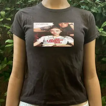 Облекло Grunge бебе тениска реколта къс ръкав тениска Y2k облекло Y2k стил Crop върховете графики Tees жени улично облекло тениска Изображение