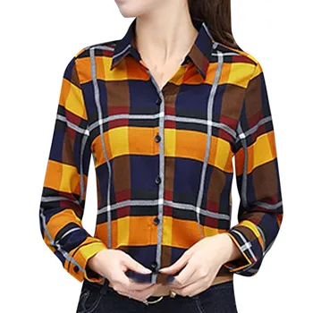карирана тениска Жените Slim Fit ревера бутон тениски офис дама бизнес ризи женски дълъг ръкав долна риза основни кроп върховете Изображение