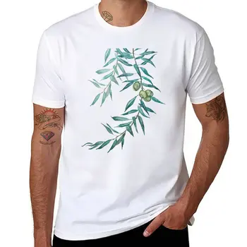 Нова зелена маслинова листа акварел живопис тениска летни дрехи графики тениска пот риза тениски мъж къс ръкав чай мъже Изображение