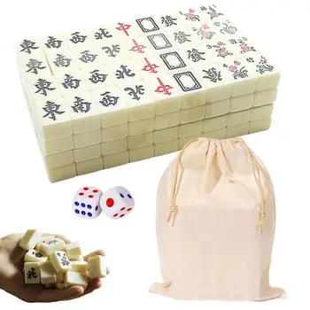 Mini Mahjong Traveler Размер Majiang с торбичка за съхранение Семейно събиране Възпроизвеждане на игра Комплект със 144 плочки 2 зара 1 торбичка за съхранение Изображение