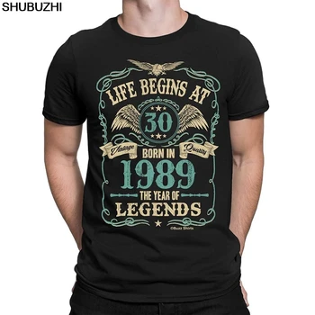 Животът започва на 30 мъжка тениска, родена през 1989 г. Година на легендите 30-ти рожден ден подарък Ново лято хип-хоп рок мъжки тениски Изображение