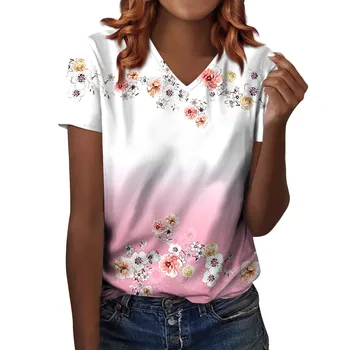 Дамска риза с къс ръкав V-образно деколте модерна печатна тениска Casual Top Raglan къс ръкав пачуърк удобен памучен връх Изображение