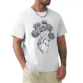 Сърце с божури B&W ТЕНИСКА обикновена тениска графична тениска животински принт риза за момчета летни дрехи мъжки памучни тениски Изображение