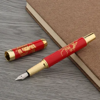 Elegante Fountain Pen Китайски червен порцелан метал Златен дракон среден писец Канцеларски материали Студентски офис Училищни пособия Писалки за мастило Изображение