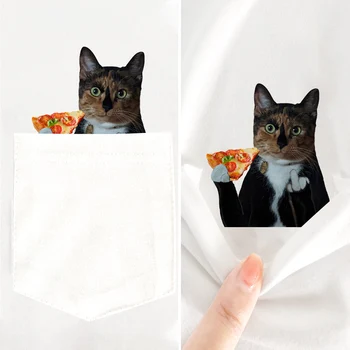 CLOOCL Животинска тениска Смешна котка с пица Джобен стикер Отпечатана тениска Бяла 100% памук Тройници Мъжки дамски ризи Хип-хоп върхове Изображение