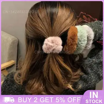 Плюшена коса Loop Зимна еластична лента за коса Scrunchie Soft Faux Fur Girls Ponytai Holder Hair Rope Headwear Аксесоари за коса Изображение