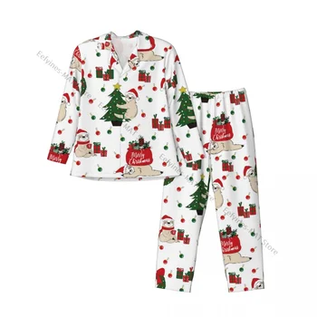 Мъжки пижама комплекти Коледа ленивец Дядо Коледа с подаръци спално облекло за мъж риза дълъг ръкав мъжки мек дом Loungewear Изображение