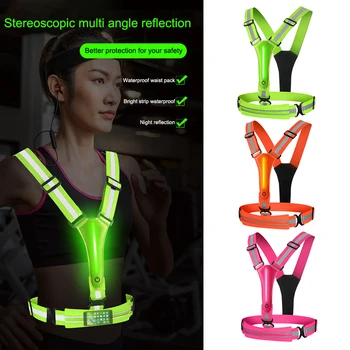 LED отразяваща жилетка Light Up Running Vest Регулируема талия/рамо Running Gear 3 светлинни режима с телефонна чанта за жени Мъже Деца Изображение