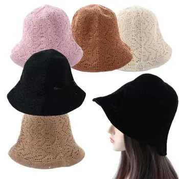 Прост сгъваем лен куха плетена шапка за жени слънцезащита женски шапки кофа шапка слънце шапка корейски стил капачки Изображение