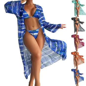 Дамски 3pieces бански с плажно покритие нагоре обвивам тропически печат оглавник бикини с жилетка бански костюми за женски плаж плуване Изображение