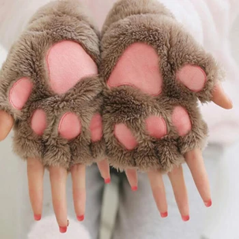 Нови жени сладък котешки нокът лапа плюшени ръкавици топло меко плюшено кратко без пръсти пухкави мечка котка ръкавици костюм половин пръст парти подарък Изображение