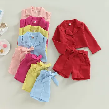 Citgeett Летни детски момичета шорти комплект дълъг ръкав яка бутон яке + шорти + колан дрехи Изображение