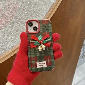 Весела Коледа червен лък Bell телефон случай за iPhone 14 13 12 15 Pro Max 11 матова кожа TPU мека корица момиче прекрасни Коледа случаи Изображение