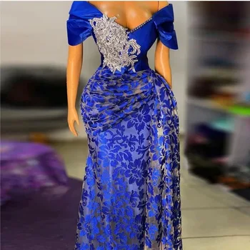Кралско синя вечерна рокля Кристална апликация Отвесни дълги абитуриентски рокли estidos elegantes para mujer дантела официални рокли капачка ръкав Изображение