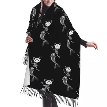 Зимни пискюл шал скелети котка с опашката на русалка жени кашмир шалове врата главата топло Пашмина дама шал обвивка бандана Изображение