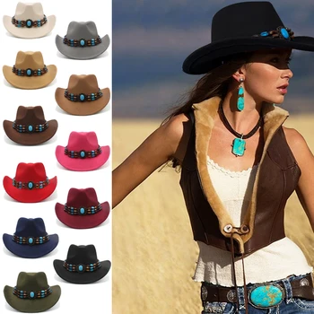 Мъже жени вълна смес Западна каубойски шапки широка периферия Sunhats парти пътуване сомбреро външни шапки класически ретро регулируем размер Изображение
