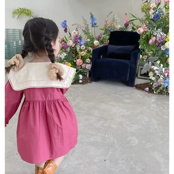 испански дантела бродерия A-линия рокля за момичета ваканция рокля голям венчелистче тиган яка бебе дълъг ръкав памучна рокля детски дрехи Изображение