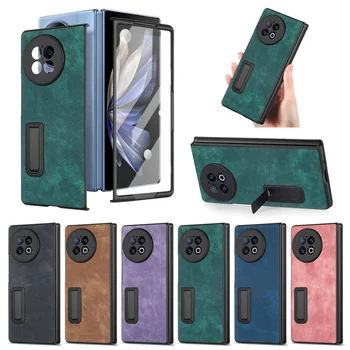 Touch тънък и годни сгъваем заден капак за Vivo X Fold 2 ретро скоба стойка телефон кожен калъф с 0,3 мм стоманено стъкло филм Изображение