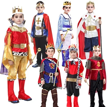 Детски момчета карнавал косплей обличане средновековен крал костюм принц наметало корона комплект коледно парти не скиптър Изображение