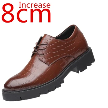 Мъжки официални кожени обувки увеличение 8 см бизнес нов повишаване дебело дъно ежедневни обувки мъже височина асансьор сватба дерби обувки Изображение