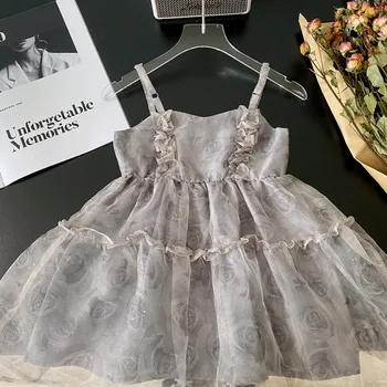 Елегантна сребристо сива детска бебешка рокля за детски момичета цветен печат без ръкави лятна рокля парти костюм празник облекло Изображение