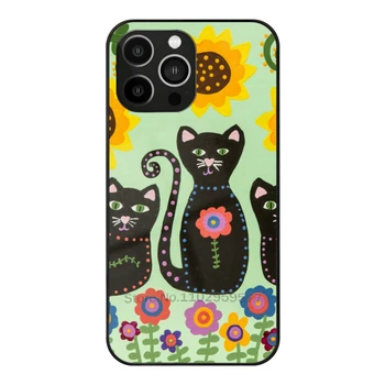Три черни котки в градината-ръчно рисуван стъклен калъф за Iphone 14 13 Pro 11 12 7 8 Plus Xr X Xs Max 6S 5S закалено телефон Изображение