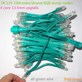 DC12V 100nodes/strand RGB dump възли, IP68 оценени; 24W; всички зелена жица; с 13,5 мм зелени пигтейли Изображение
