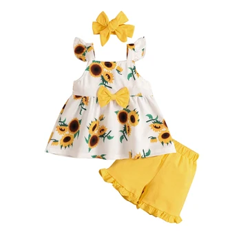 New 3Pcs Toddlers Summer Streetwear, Floral Square-Neck Ruffle Sleeves Vest + Frilled Shorts + Hairband Suit for Girls, 1-4 Yrs Изображение