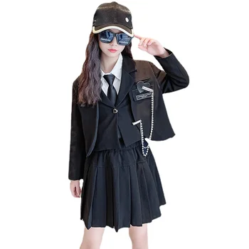 YourSeason Teenage Girls Clothing Set Blazer Suit + Плисирани поли + Бели блузи + Chain + Black Tie College 5 Piece Outfits Изображение