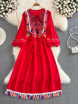 Жените пролетна рокля темперамент бохемски реколта етнически стил бродерия талията вратовръзка рокля елегантен люлка дълга рокля D3347 Изображение
