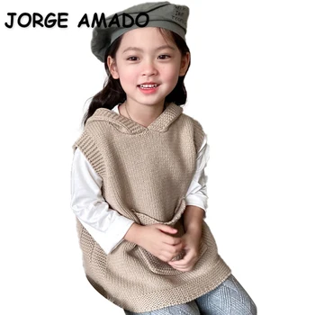 Нова есен дете момиче пуловер жилетка кайсия пуловер качулка вълна плета топ без ръкави джоб палто детски дрехи E2122 Изображение
