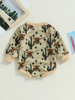 Сладък животински принт с качулка бебешки ританки с дълъг ръкав - уютни детски гащеризони за есента - очарователни детски дрехи за момчета Изображение