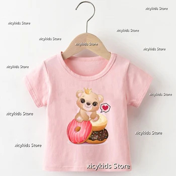 2023 Нарежете Doorle мечка с малко зайче карикатура печат тениска за момичета мода Homestay Детска тениска розов къс ръкав върховете Изображение