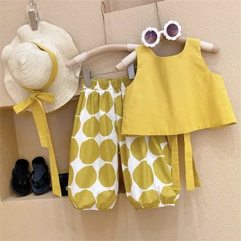 Summer Girl Baby Beach Vacation Sets Little Girl Vest Top+Wave Dot Pants Two-piece Sets+Hat Kids Fashion Toddler Clothes Outfits Изображение