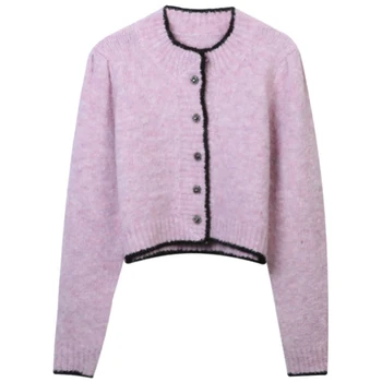 Корейска мода розова къса жилетка жени пачуърк O-образно деколте елегантен пуловер плетени дълъг ръкав върховете 2023 есен зима Изображение