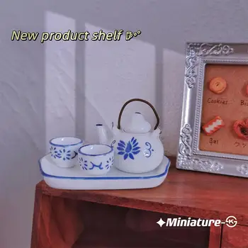 Миниатюрни трапезария декор миниатюрни керамични чай комплект декорация за кукла чинийка чайник чайник чаши за чай фигури мини симулация Изображение