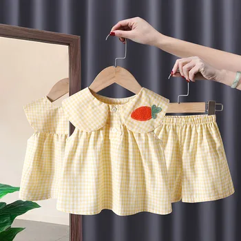 Комплект за проверка на момичетата 0-6 годишно лятно момиче кукла врата без ръкави Топ шорти 2 части комплект бебе момиче дрехи новородено бебе дрехи Изображение