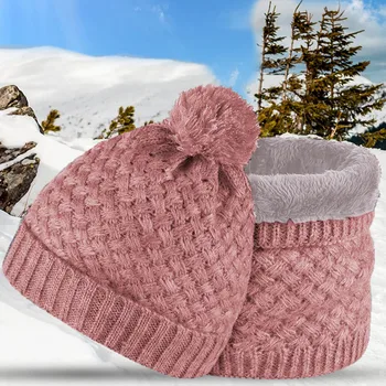 Зимен шал шапка комплекти плътен цвят жените плетене памук шапка шалове Echarpe мека удебелена бандана врата защита капачка Изображение