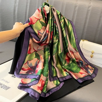2023 Нови жени летни копринени шалове луксозна марка шал дама обвивка мека жена дизайнер плаж бандана foulard ауспух парео Изображение