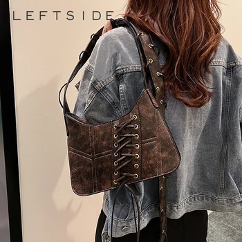 LEFTSIDE Tie Design Retro PU кожени чанти за жени 2023 Зимен луксозен дизайнер Корейски модни чанти за рамо чанти Изображение