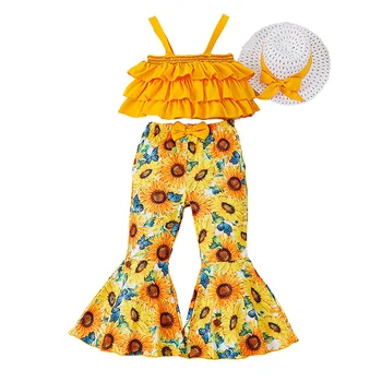 Bmnmsl Kid Girls 3Pcs панталони комплект без ръкави разрошена камизола със слънчогледов принт Flare панталони и шапка Summer Outfit Изображение