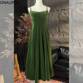 Onalippa зелени плисирани кадифени макси рокли за жени твърди висока талия Sleeeveless метална прашка рокля корейски шик дизайн вестидос Изображение